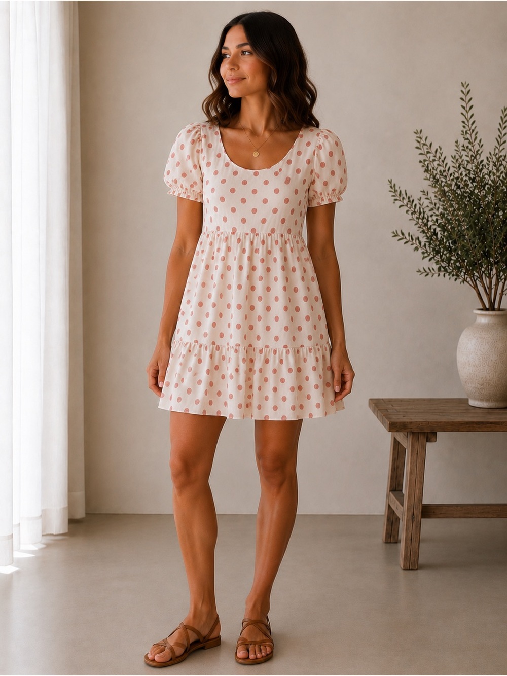 Jessica Simpson Puff Sleeve Polka Dot Babydoll Mini Dress Medium